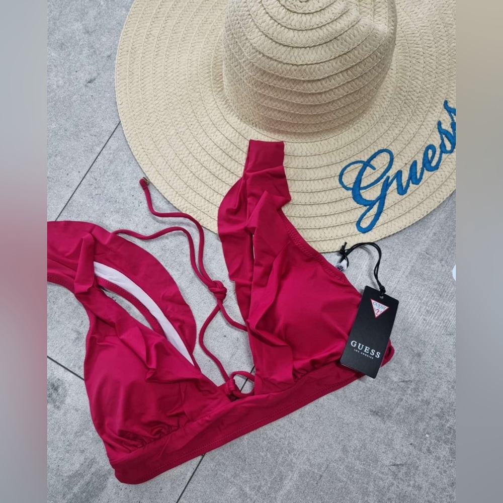 GUESS Raspberry Red Ruffle Bikini Top